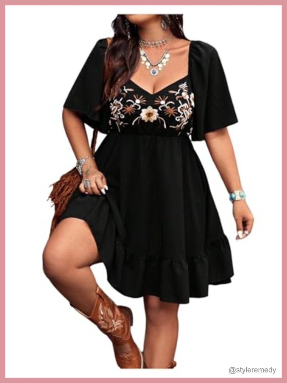 Plus Size Western Boho Floral Embroidered Sweetheart Ruffle Hem A-Line Dress